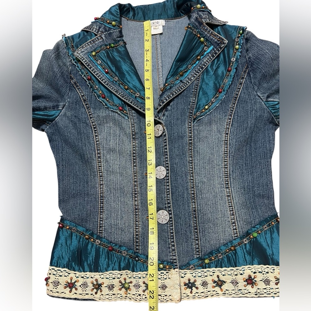 Y2K Cache Embellished Denim Jacket Sz 6 Beaded Lace Glam Boho Fairy Gypsy Boho - Picture 13 of 16